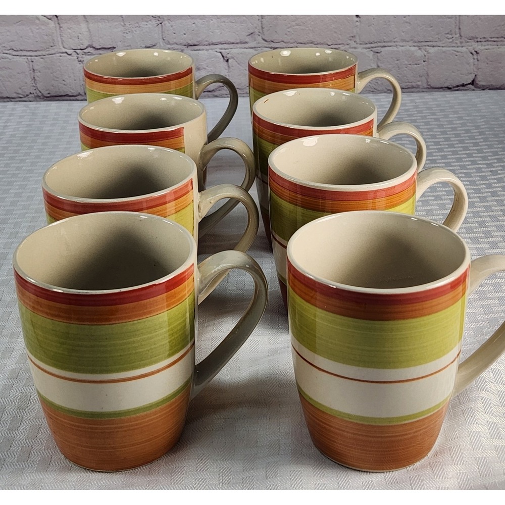 Pier 1 Valencia Coffee Cups Mugs, Handpainted, Orange, Red, Green Beige Set Of 8